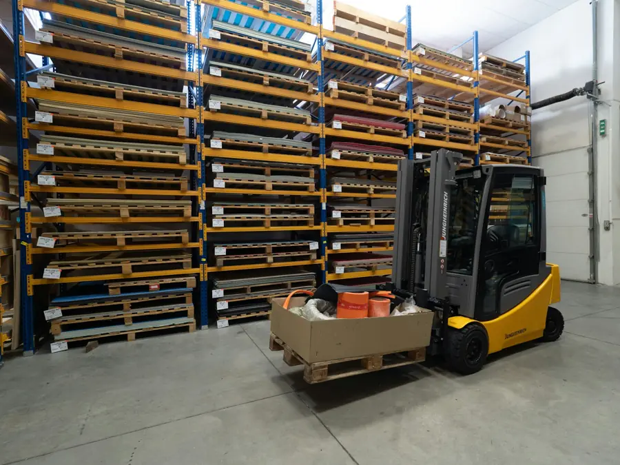 A forklift in the warehouse